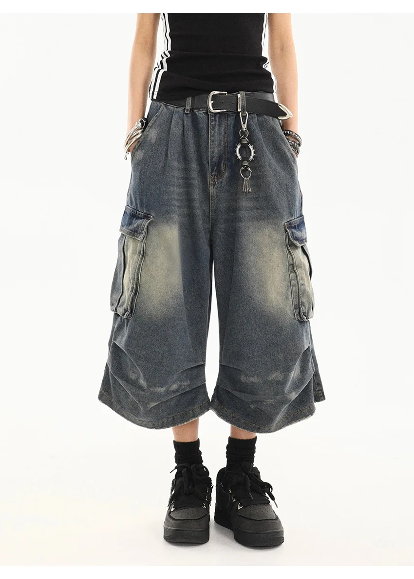 American Style Women Vintage Washed Workwear Denim Shorts with Multiple Pockets Pleated Design Loose Drapey Seven-Foot Pants