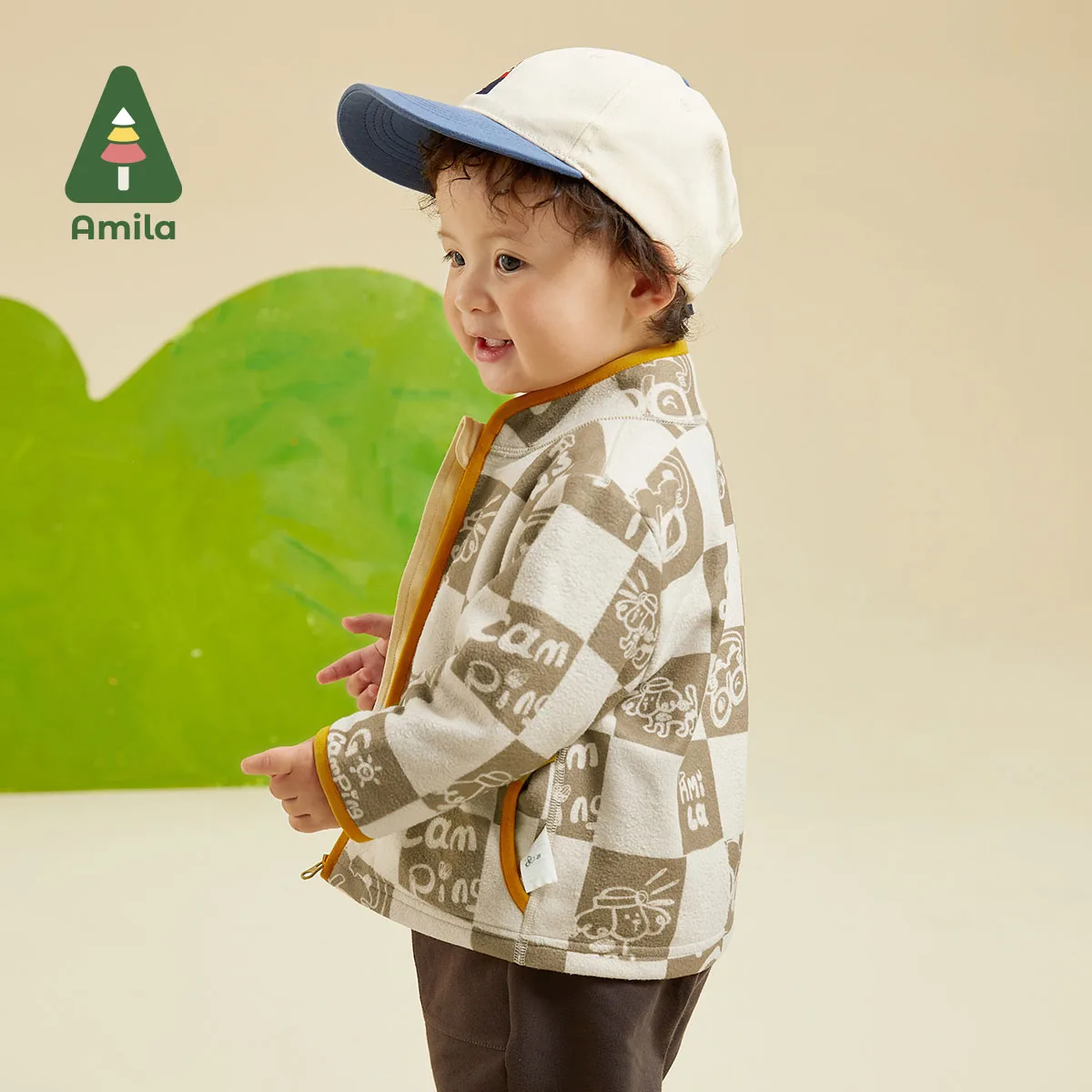 Amila Baby Boys And Girls 2023 New Autumn Contrast Stitching Theme Printing Fashion Warm Wear Small Jacket Exquisite Clothes