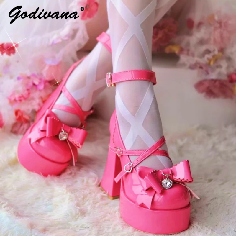 Lolita Girls Shoes 2024 Spring Summer Japanese Sweet Round Toe High Heels Pumps Women Candy Color Paltform Leather Shoes