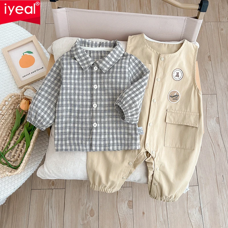 

IYEAL Baby Boy Plaid Shirt+Jumpsuit 2-Piece Set Spring Jumpsuit Baby Boys Leisure Korean Version Outdoor Wear