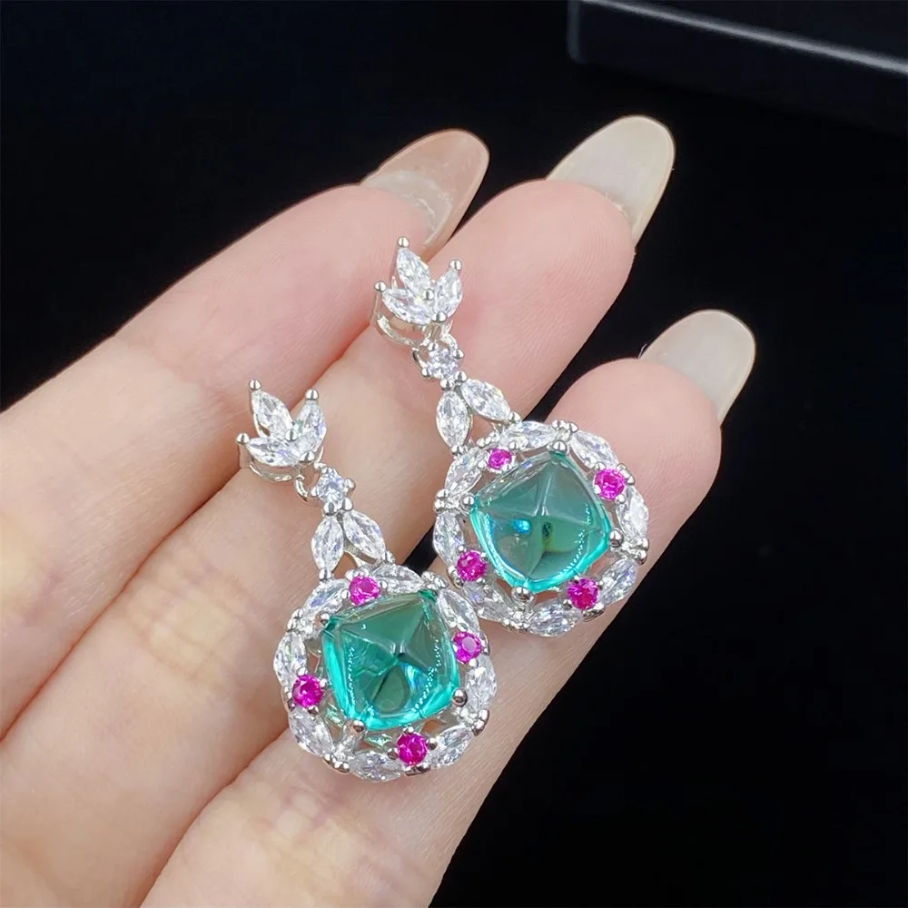 High-end new 925 pure silver hollow green sugar pendant women's open ring long earring set