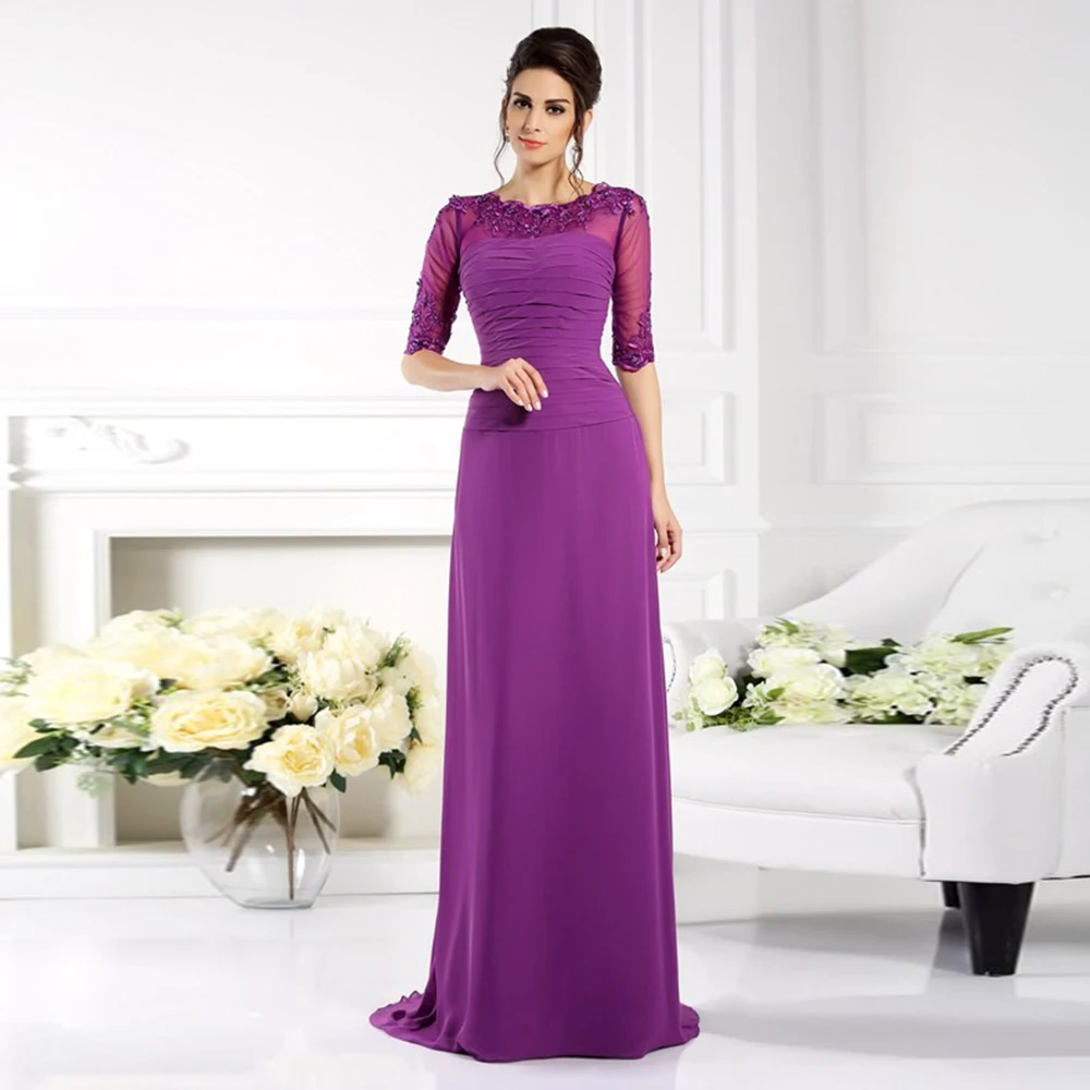 

Purple A Line Mother Of The Bride Dresses Floor Length Chiffon Half Sleeve Guest Party Gown Women's For Weddings Evening Wear