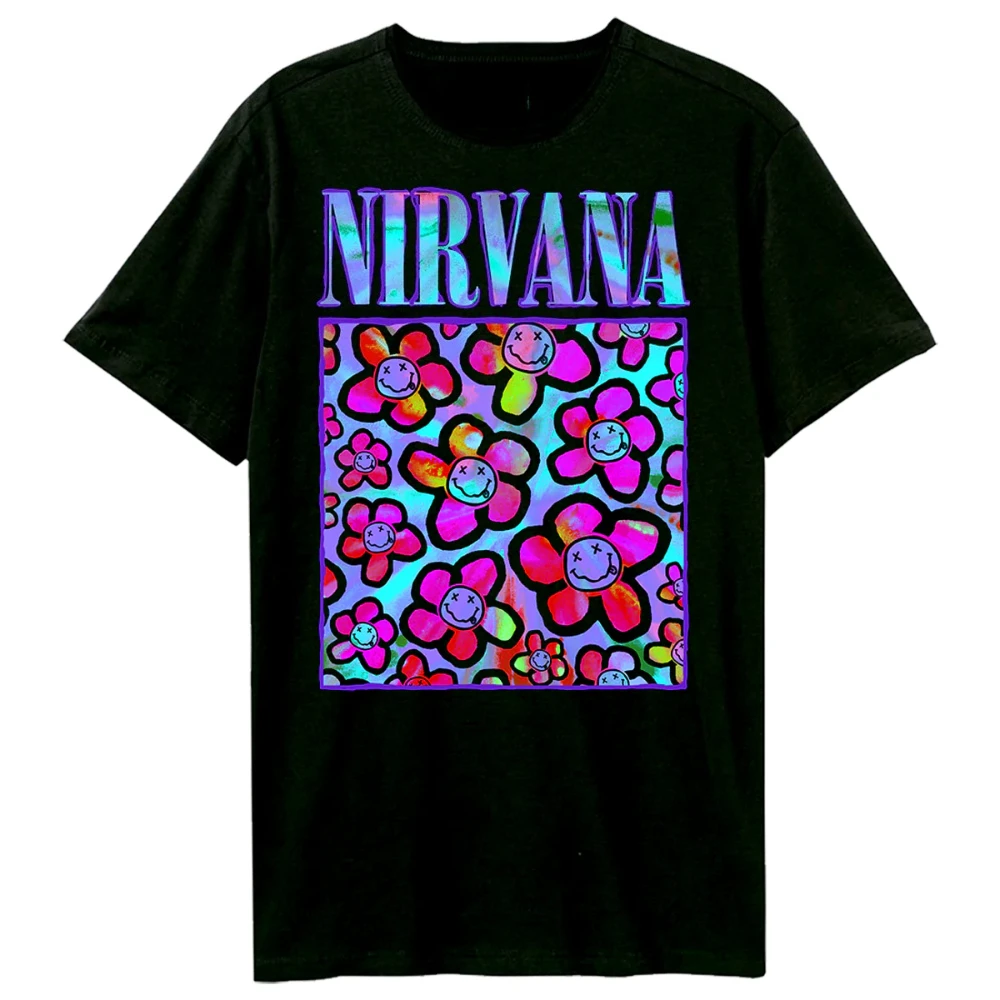 

Nirvana Neon Flowers T-Shirt Men's and Women's American Retro Metal Band Tops Brand T-shirt Men Sports Shirt