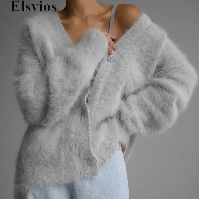 

Fashion Women Long Sleeve Office V-neck Jumper Winter Solid Button Loose Knitted Cardigan Elegant Lady Warm Furry Sweater Coats