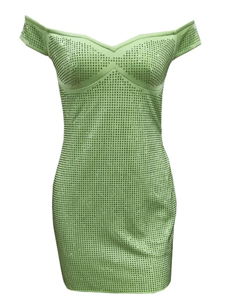 Vestido espartilho feminino com strass embelezado, vestido bodycon formal em verde salvia, mini vestido curto, vestido de festa, 2022