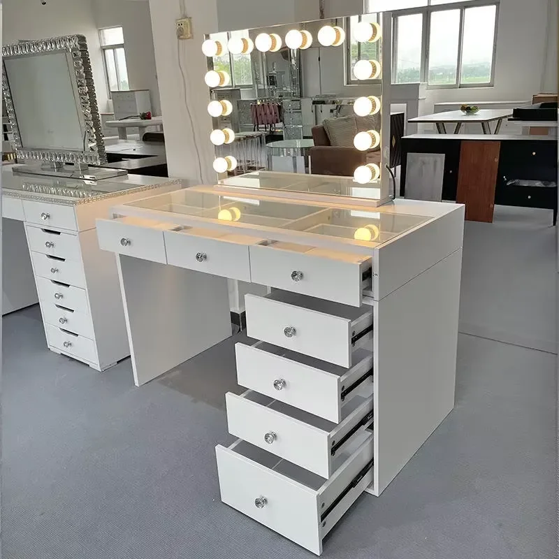 Modern Stainless Steel Lighted Mirror Wall Mounted Dressing Table Integrated Chest Drawers Studio Light Bulb Design for