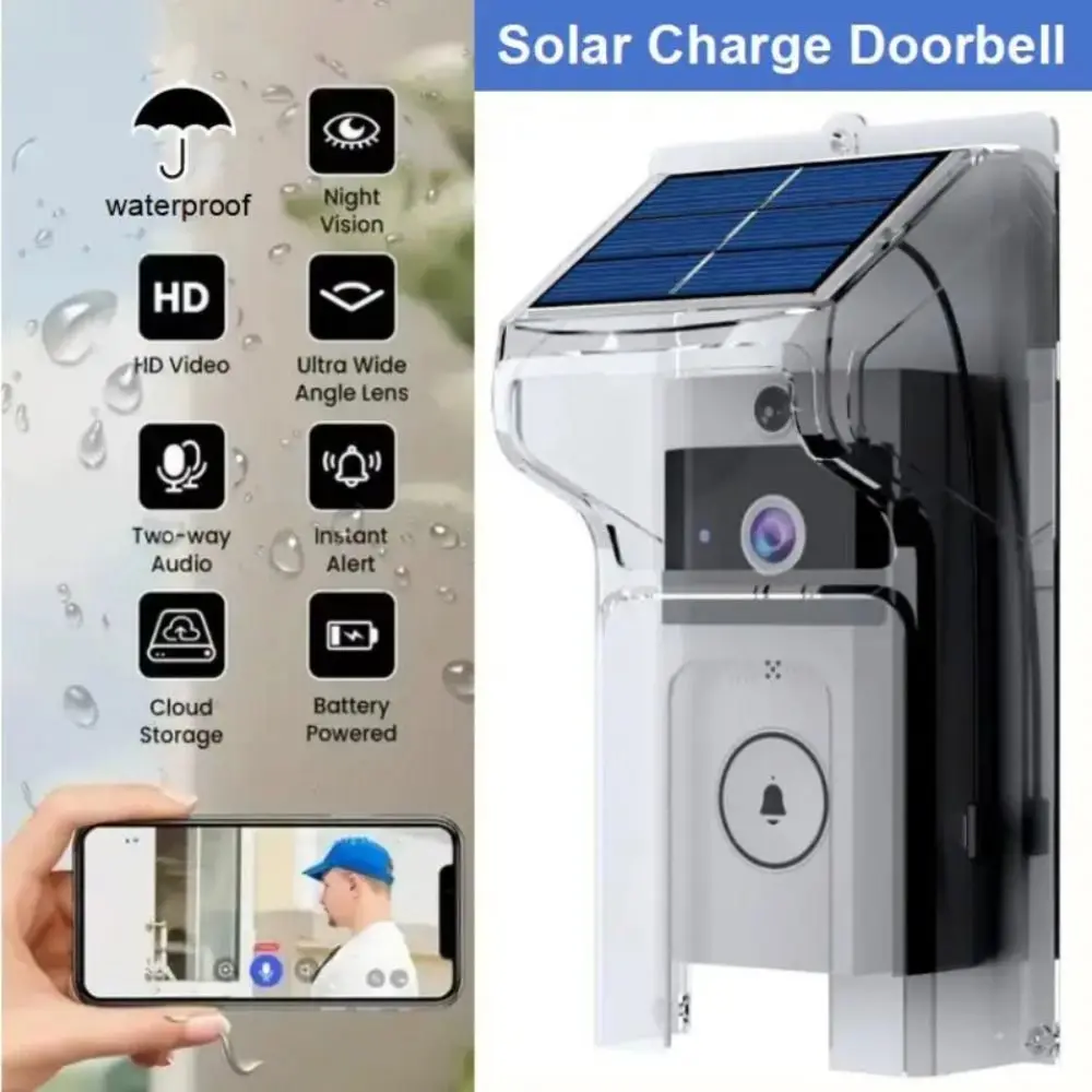 防水ビジュアルインターホンドアベル太陽光発電ワイヤレススマートホームドアベルホームセキュリティ保護カバー付き