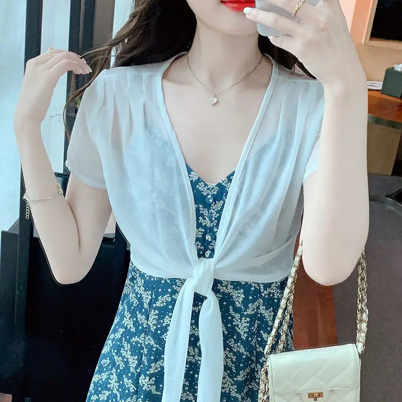 

2024 Summer Thin Coat Short Sleeved Blouse Sleeveless Elegant and Sweet Solid Color Loose All-match Sun Protection New Y426