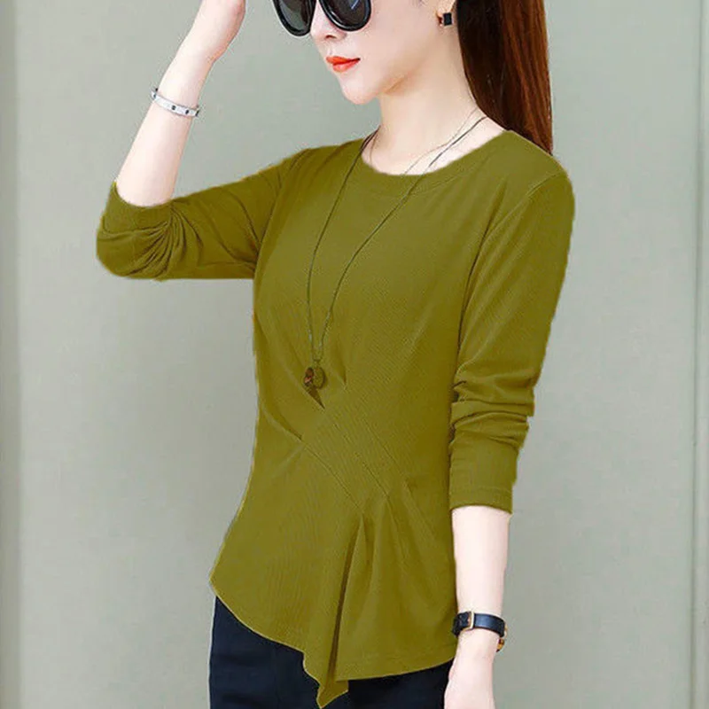 Fashion Solid Color Loose Folds Irregular T-Shirt Female Clothing 2023 Autumn New Casual Pullovers Tops Asymmetrical Tee Shirt