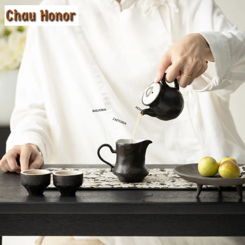 ZAEYORIA Woven Fabric Black Ceramic Tea Set Complete Set Japanese Tea Ceremony Set Teapot and Tea Cup Set Tea Services Ornaments