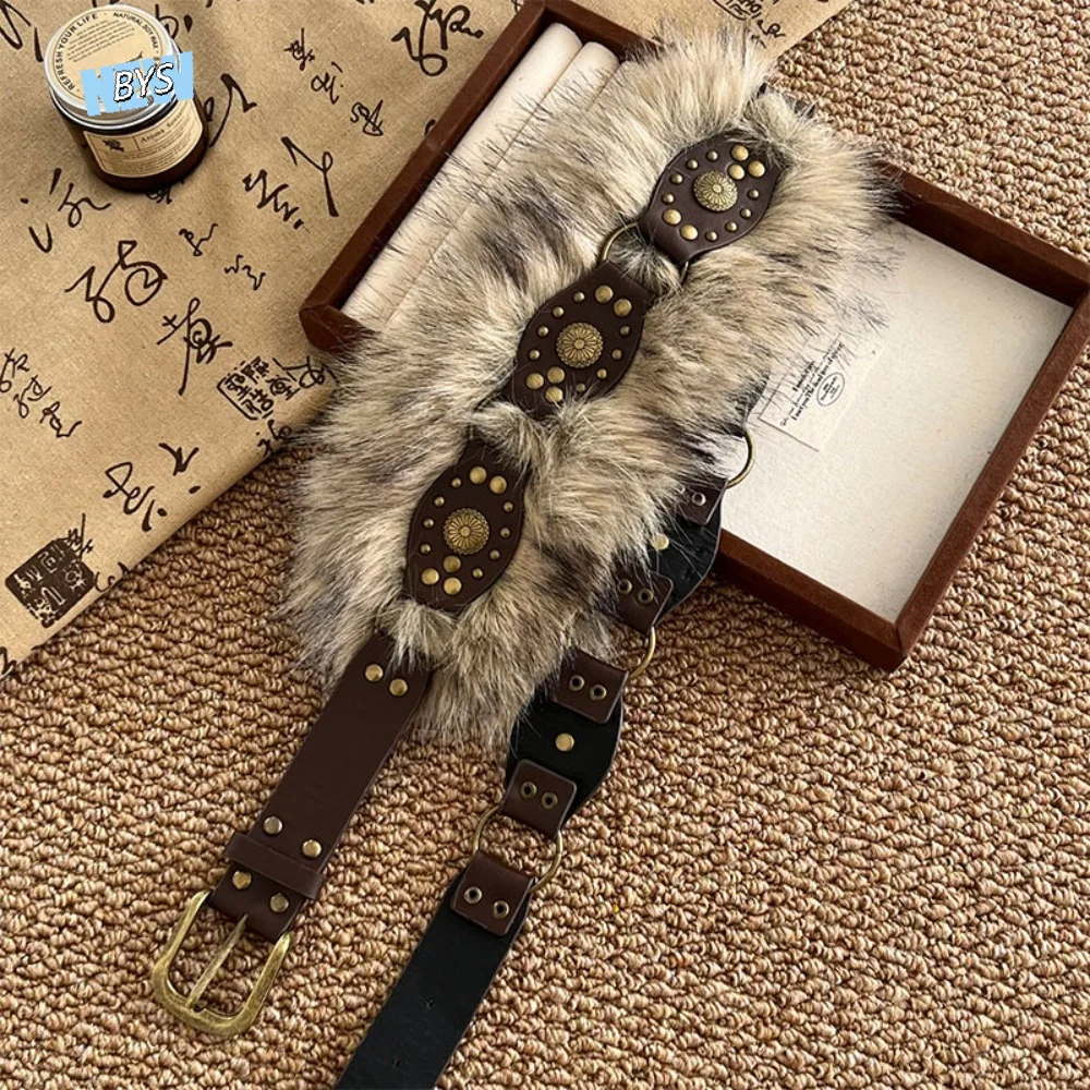 

Fashion Spicy Girl Style Leather Fur Belt Punk Jeans Decor Furry Waistband Versatile Retro Y2K Plush Waist Belt Dress Decoration