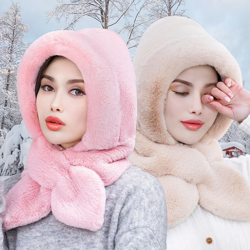 

Winter Women Hood Thick Plush Scarf Hat Set Outdoor Ski Windproof Warm Headgear Solid Fluffy Fur Female Earmuffs Cap