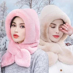 Winter Women Hood Thick Plush Scarf Hat Set Outdoor Ski Windproof Warm Headgear Solid Fluffy Fur Female Earmuffs Cap