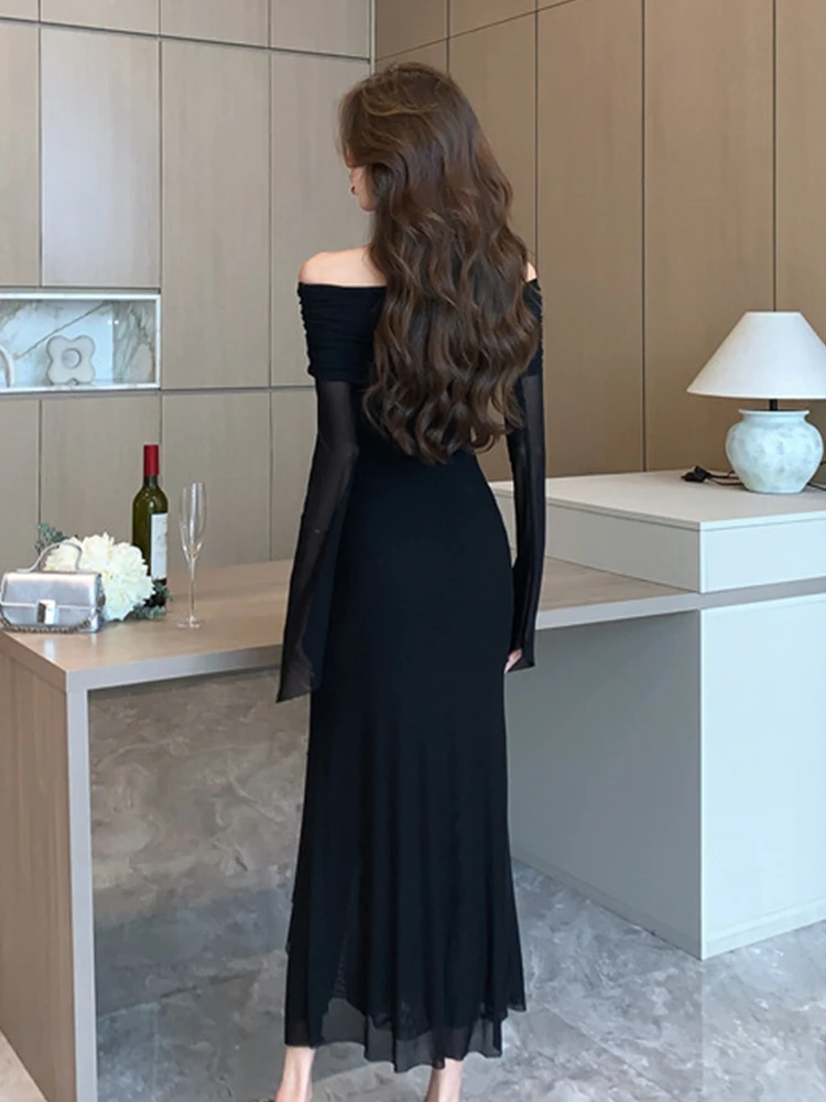 Women Clothes Mesh Black Sexy Off-Shoulder Skinny Maxi Long Evening Dress Elegant Lady Fashion Party Club Prom Vestidos Robe New
