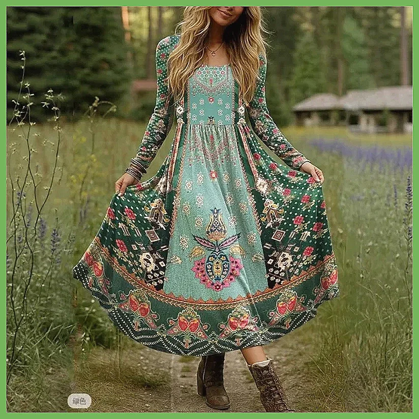 Abito Lungo Boho Vintage con Stampa per Donna 2025, Vestito Casual con Scollo a V e Vita Alta