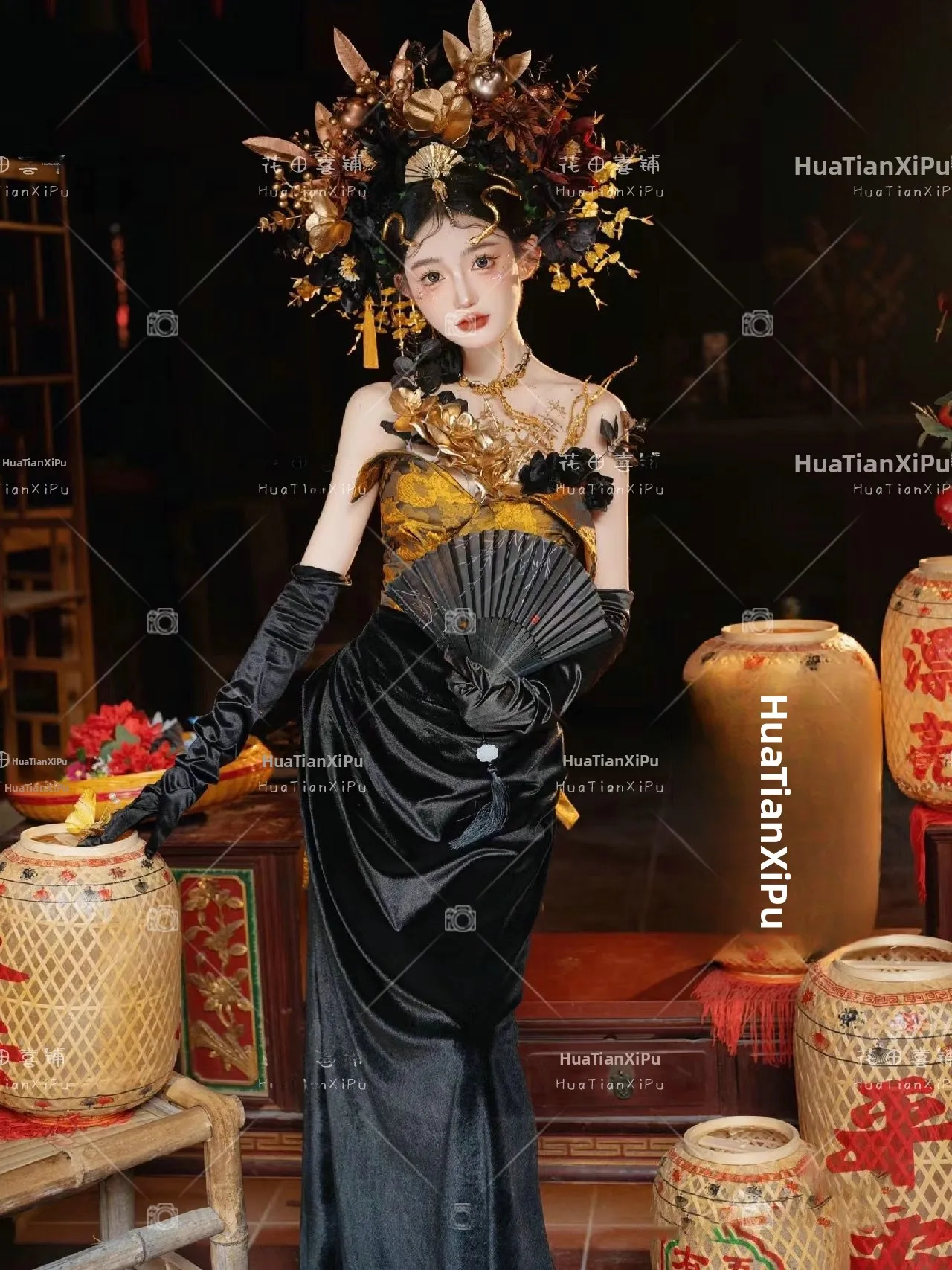 

Dark Style Velvet Hanfu Dress Women's Hairpin Floral Print Photography Costume Traditional Chinese Ethnic Stage Costume