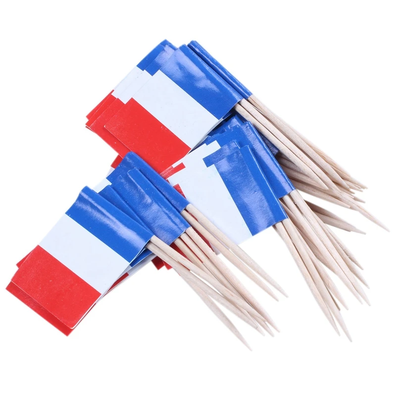 Lote de 100 mini palillos de dientes de madera con bandera para decoración de repostería de frutas de fiesta - Francia (azul, blanco, rojo)