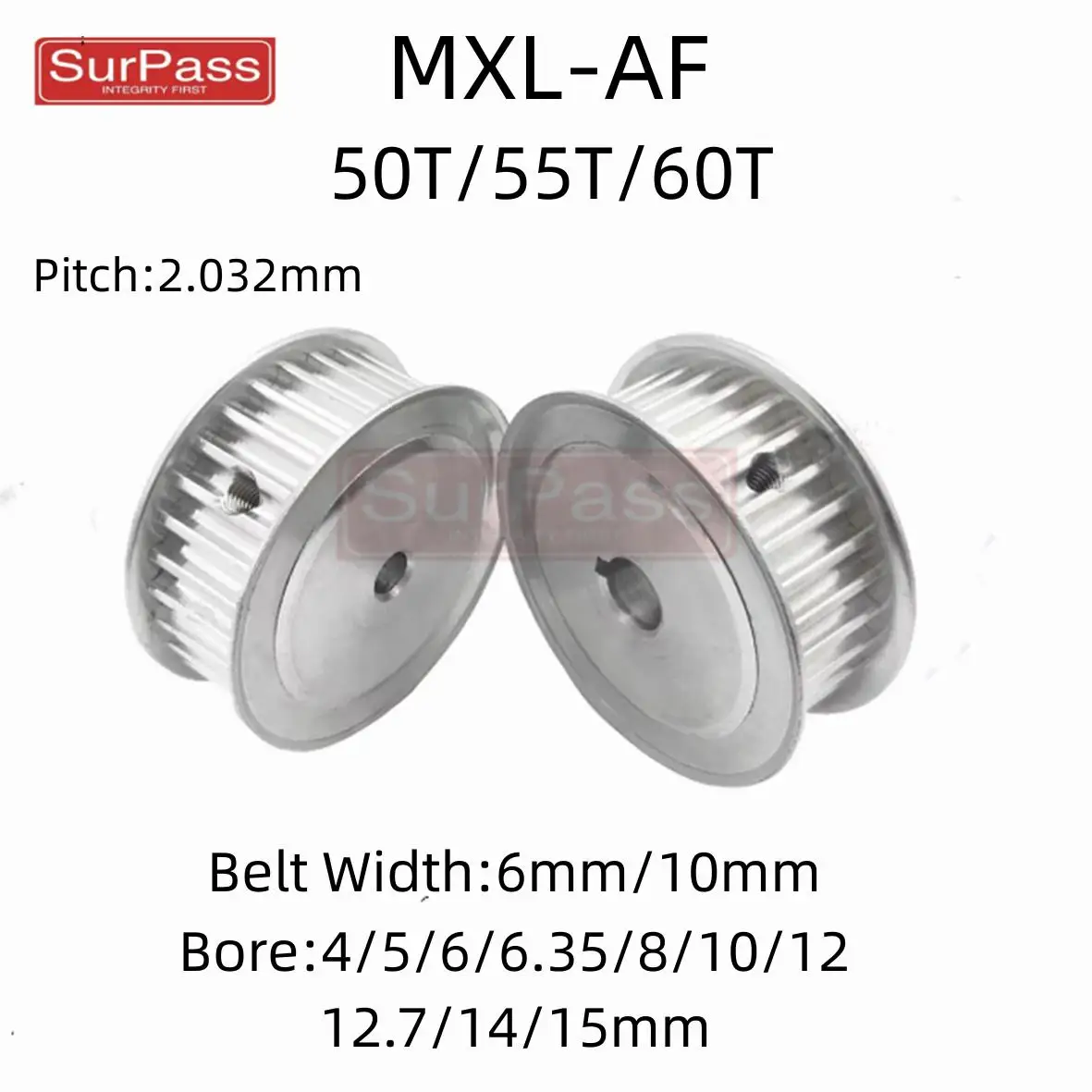 

AF Type 50T/55T/60Teeth MXL Timing Pulley Bore 4/5/6/6.35/8/10/12/12.7/14/15mm for 6/10mm Width Belt Used In Linear Pulley