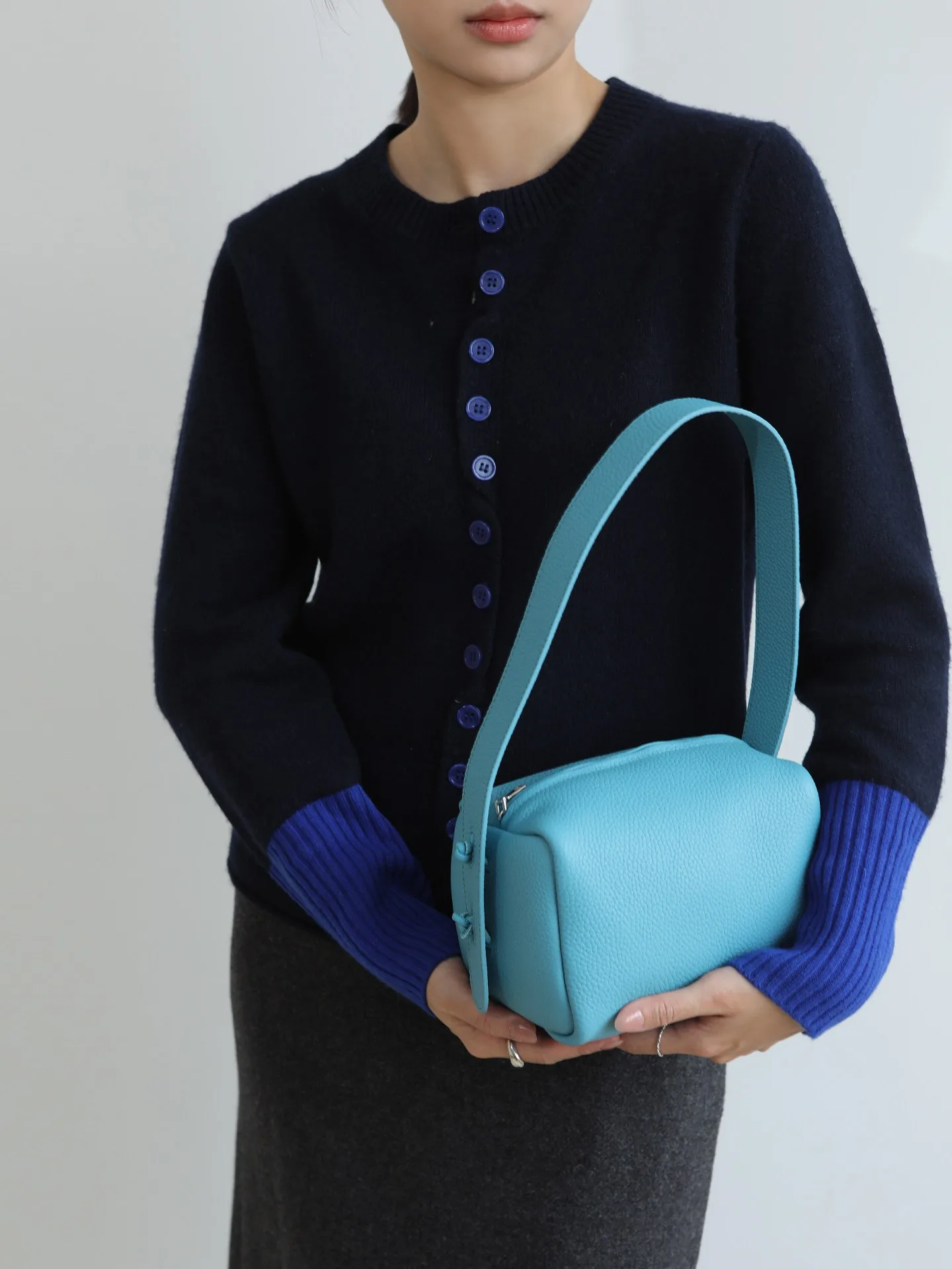 Women Top Grain Cowhide Mini Cube Bag Knot Fastener Hidden Zipper Adjustable Strap Crossbody Handbag