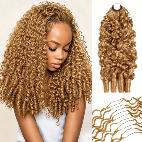 Bling Hair #27 Honey Blonde Color Burmese Curly Feather Crochet Human Hair Extensions 50g Pre-Separated Invisible Miracle Knots Feather Crochet Human Hair Extensions For Women
