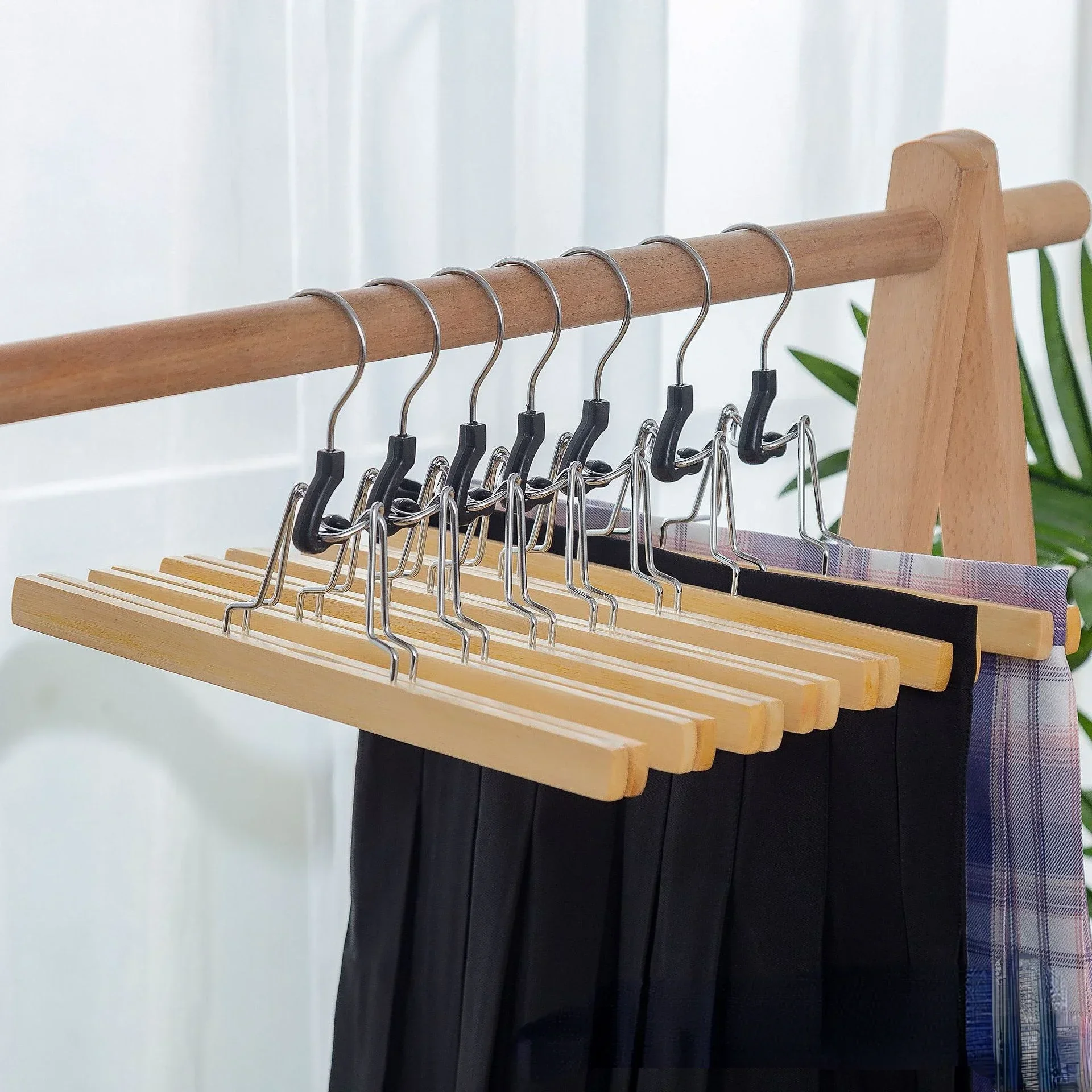 5/10Pack Wooden Pants Hanger,Premium Solid Wood with Non-Slip Sponge,Multifunctional Rack for Jeans Skirts Slacks,Clamp Hangers