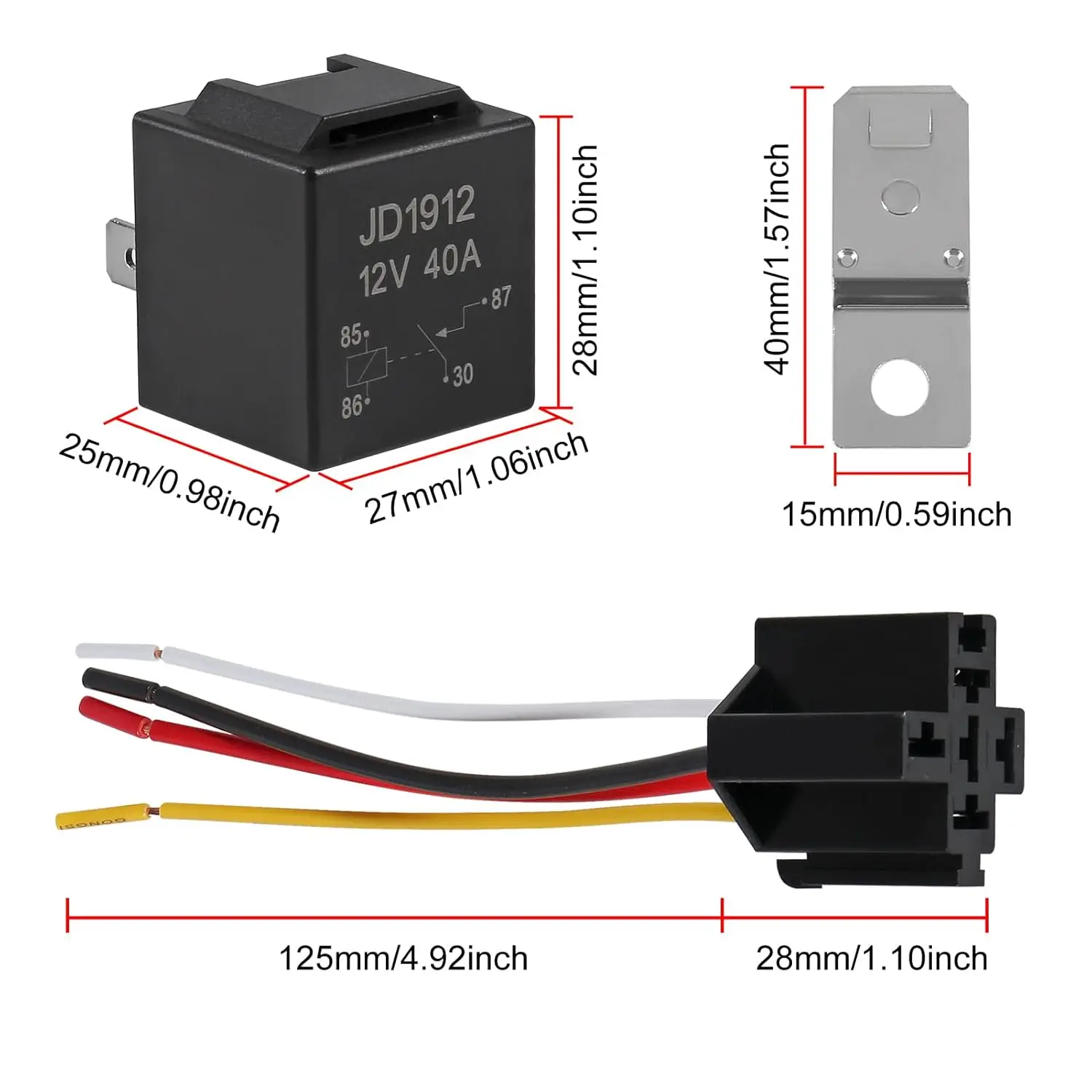 JD1912 Car Relay Harness 12V 40A 4 Pin SPST 12AWG Harness Sockets with Color-Labeled Wires for Automotive Truck Van Motorcycle