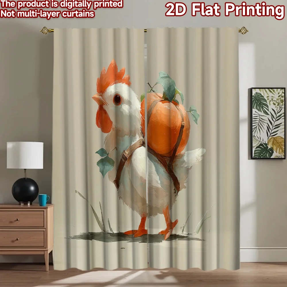 2D flat printing 2pcs Party Curtains Cute Chicken Carrying Pumpkin Digital Printed Polyester Drapes Festive Curtains Perfect for