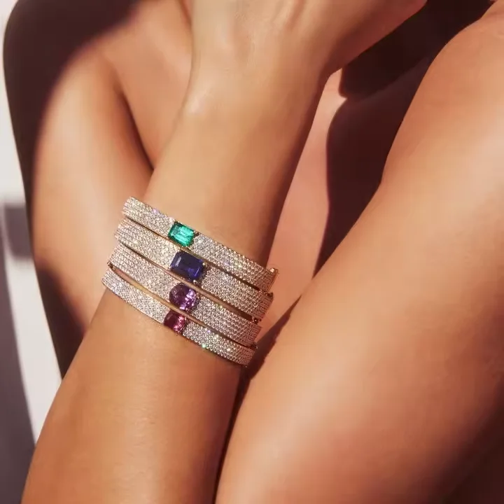 Gold Color Fashion Women Jewelry Micro Paved Sparking Bling 5A Cubic Zirconia CZ Birthstone Bangle