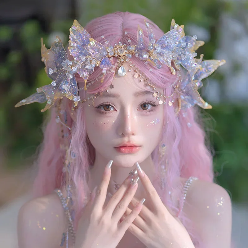 Handmade Goddess Crystal Hairband Mermaid Crown Tiara Earrings Elf Hair Ornaments Headdress Retro Chinese Costume Accessories
