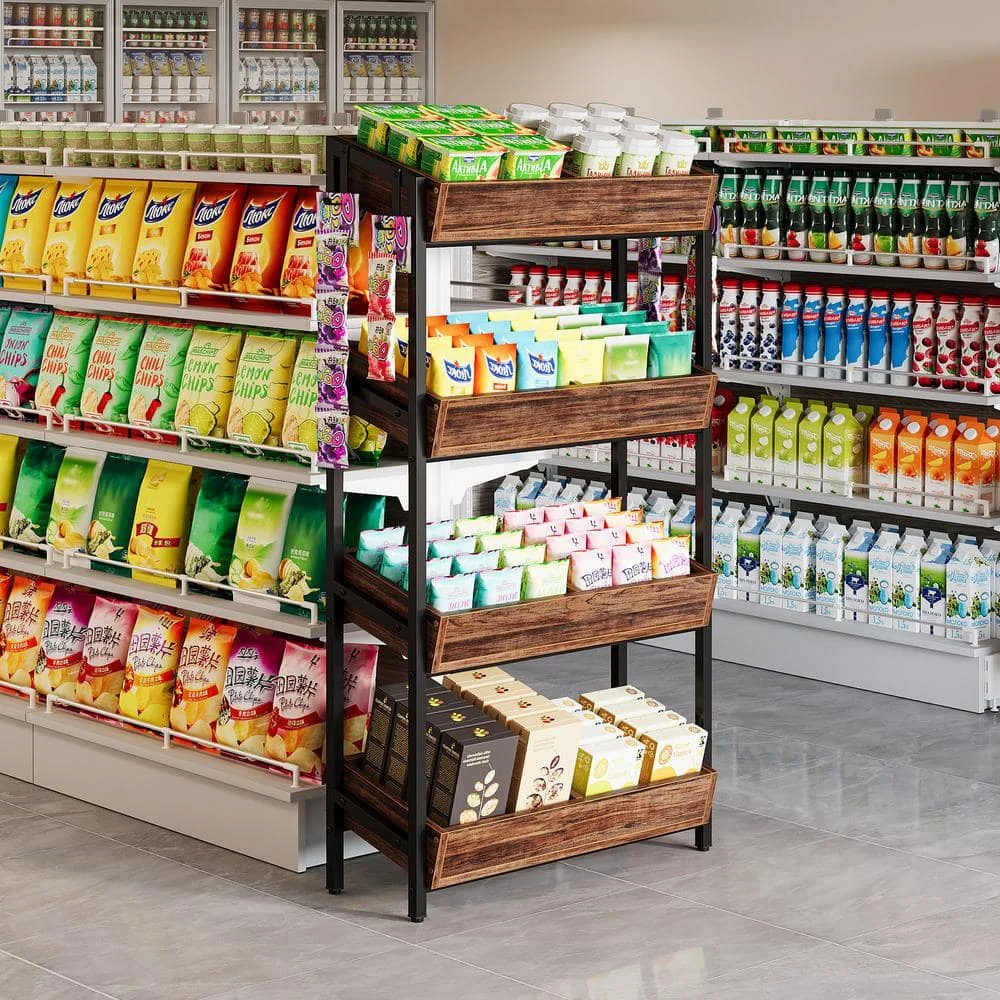 بني 29.13 بوصة. سلة خزانة عرض مكونة من 4 طبقات، وحامل رف البيع بالتجزئة، ومنظم رف حلوى الوجبات الخفيفة بإطار معدني #1