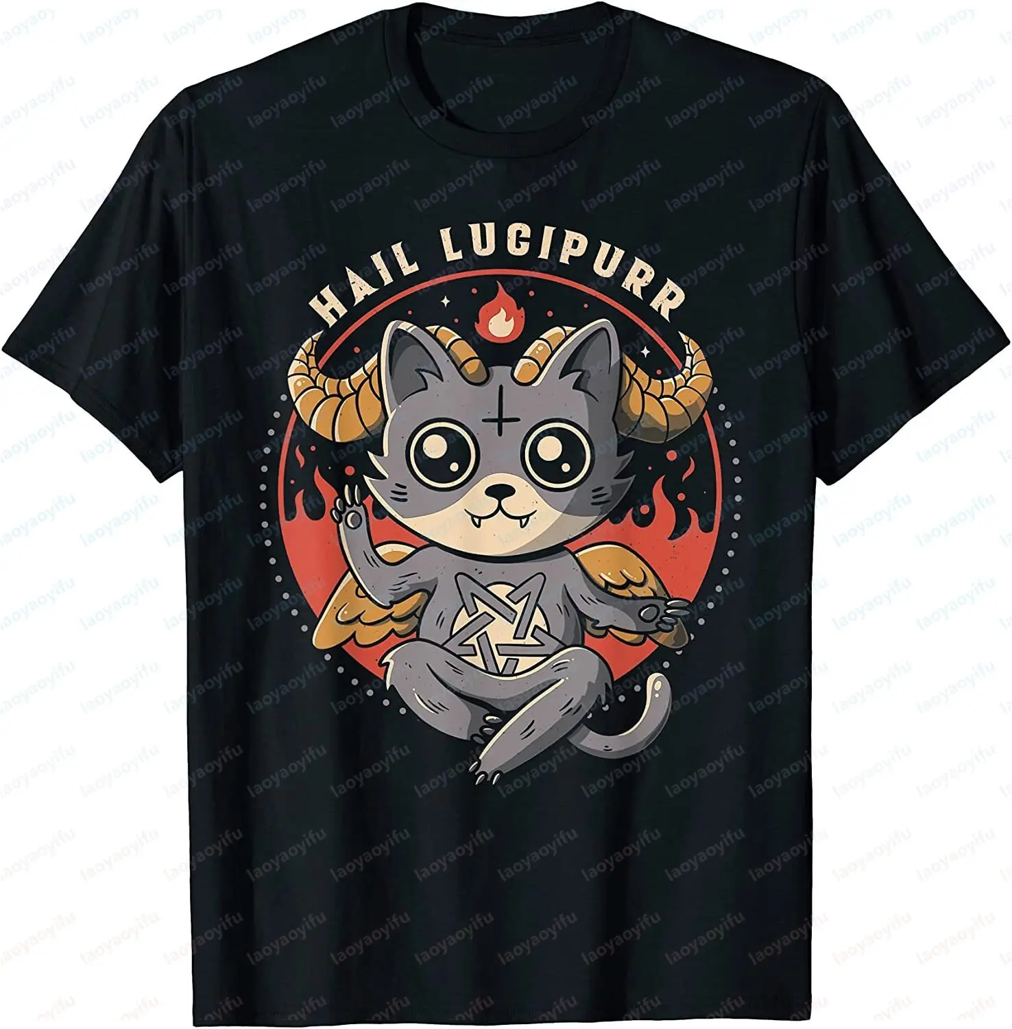 Hail Lucipurr Devil Cat Lovers Five-pointed Star Satan Cute Baphomet T-shirt - Short-sleeved Fashionable Loose Unisex T-shirt