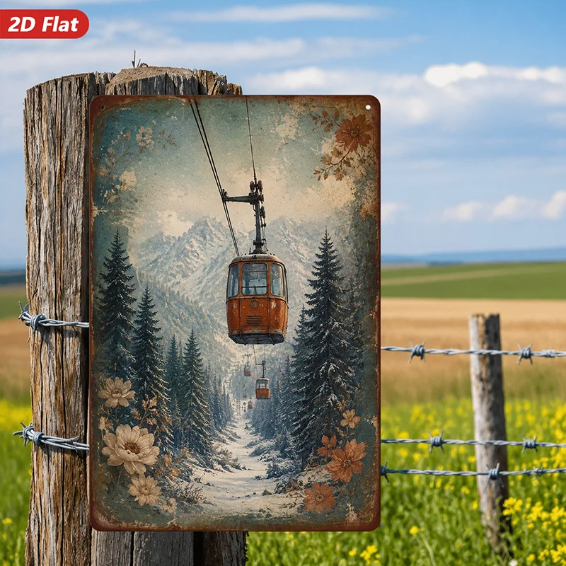 1pc Vintage Cable Car Metal aluminum Sign Wall Art, Perfect for Garden Study, Orange Gondola Cabin, Snowy Mountain Peaks