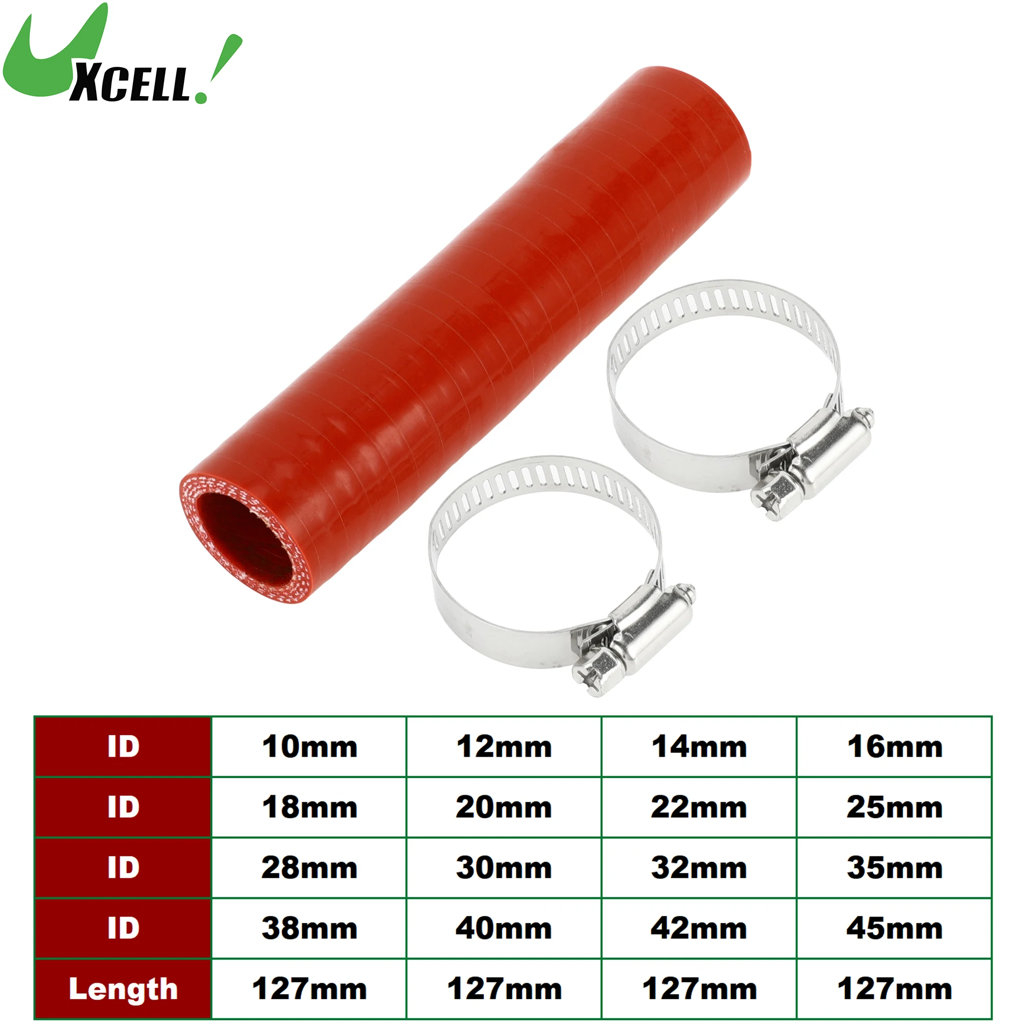 UXCELL 10/12/14/16/18/20/22/25/28/32/35/38/40/42/45mm ID 127mm Length w/ Clamps 4-Ply Reinforced Car Silicone Hose Red