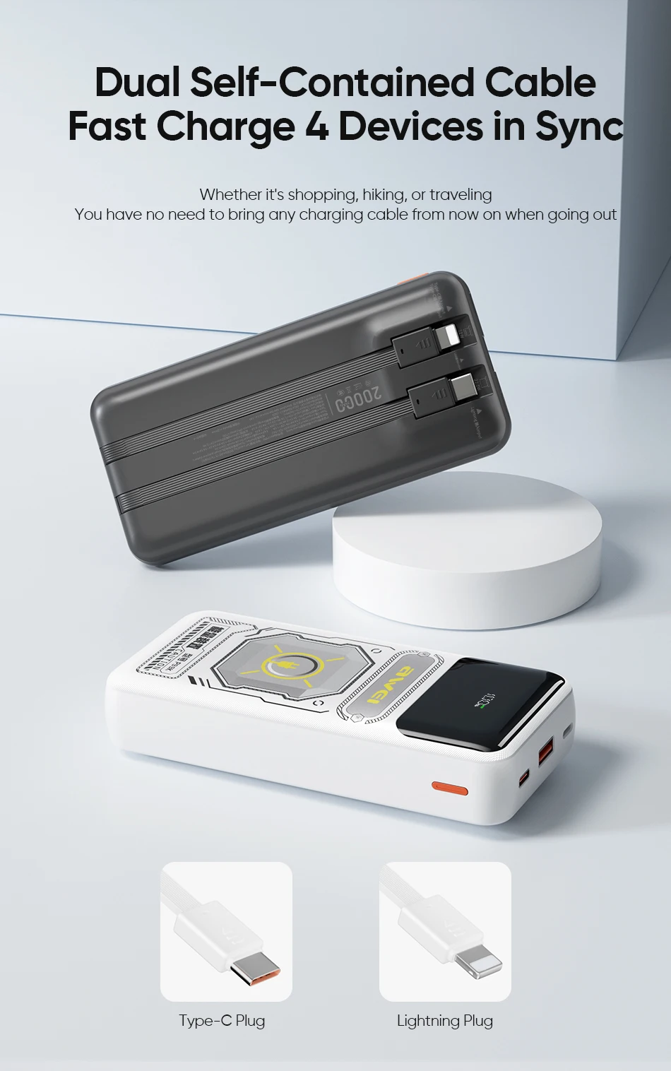 Awei P99K Portable Power Bank 20000mAh With 2 Cable PD 22.5W External Spare Battery Fast Charge Powerbank For IOS and Android