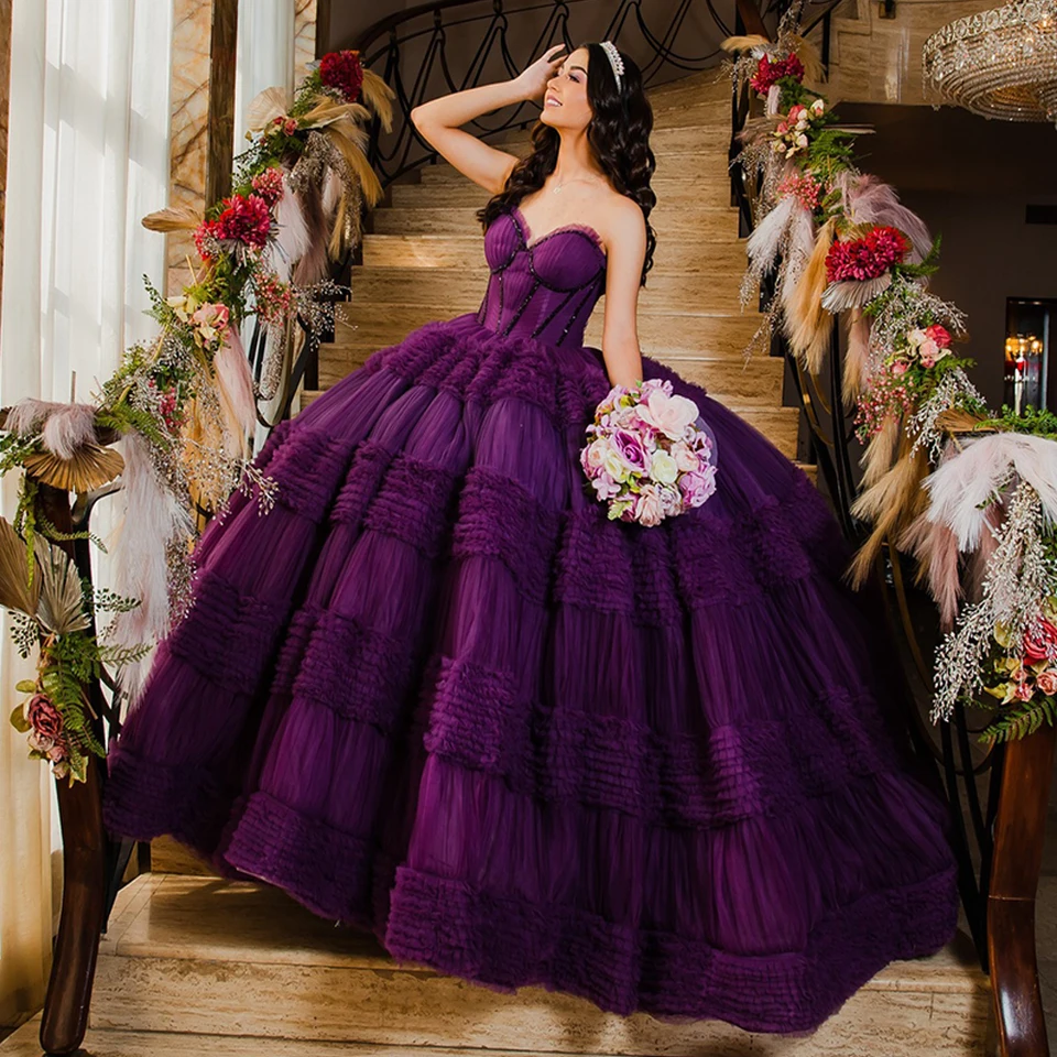 open lace back dress Quinceanera Dress Glamorous Purple Floral Lace Off-The-Shoulder Purple / 00 main image 1