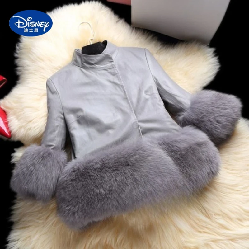 

Disney 2025 Women's Faux Leather Jacket | Korean Style with Fox Fur Collar, Short Winter Coat