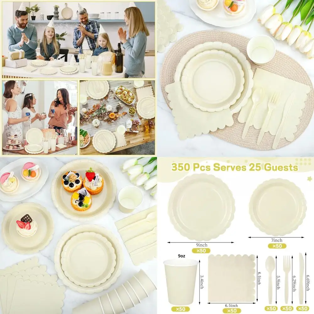 

50-Guest Ivory Dinnerware Set: 9 Plates, 7 Dessert Plates, 9oz Cups, Cutlery for Baby Showers, Weddings, Birthdays