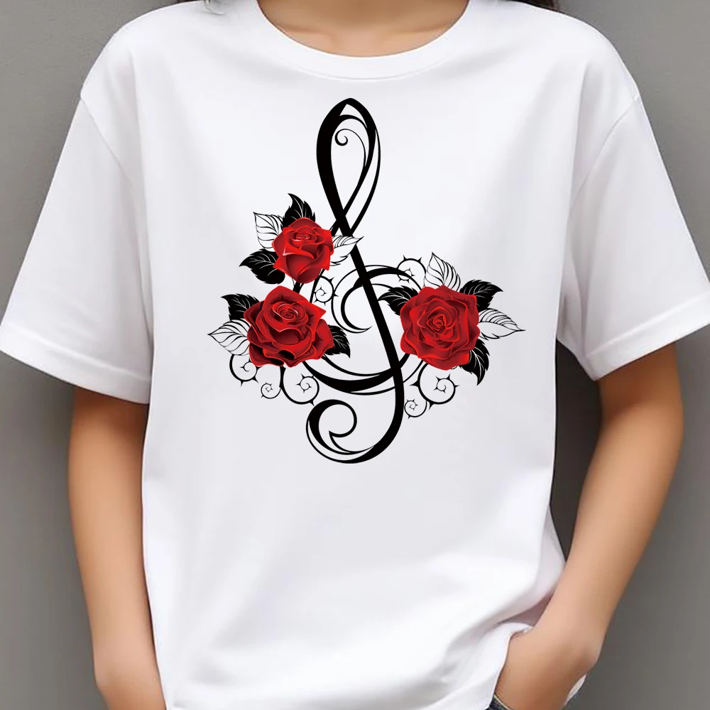 Red Rose Flower Music Notation Heat Transfer Patches For Clothes DIY A-Level Washable T-shirts Iron-on Thermal Stickers