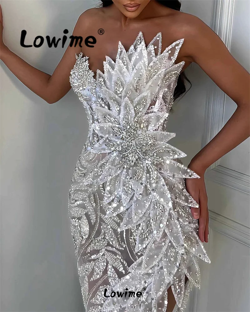 Arabic Evening Dresses Engagement Gowns 5D Leaf Crystals Ivory White Mermaid Long Prom Dress Wedding Party Gowns Robe De Soiree