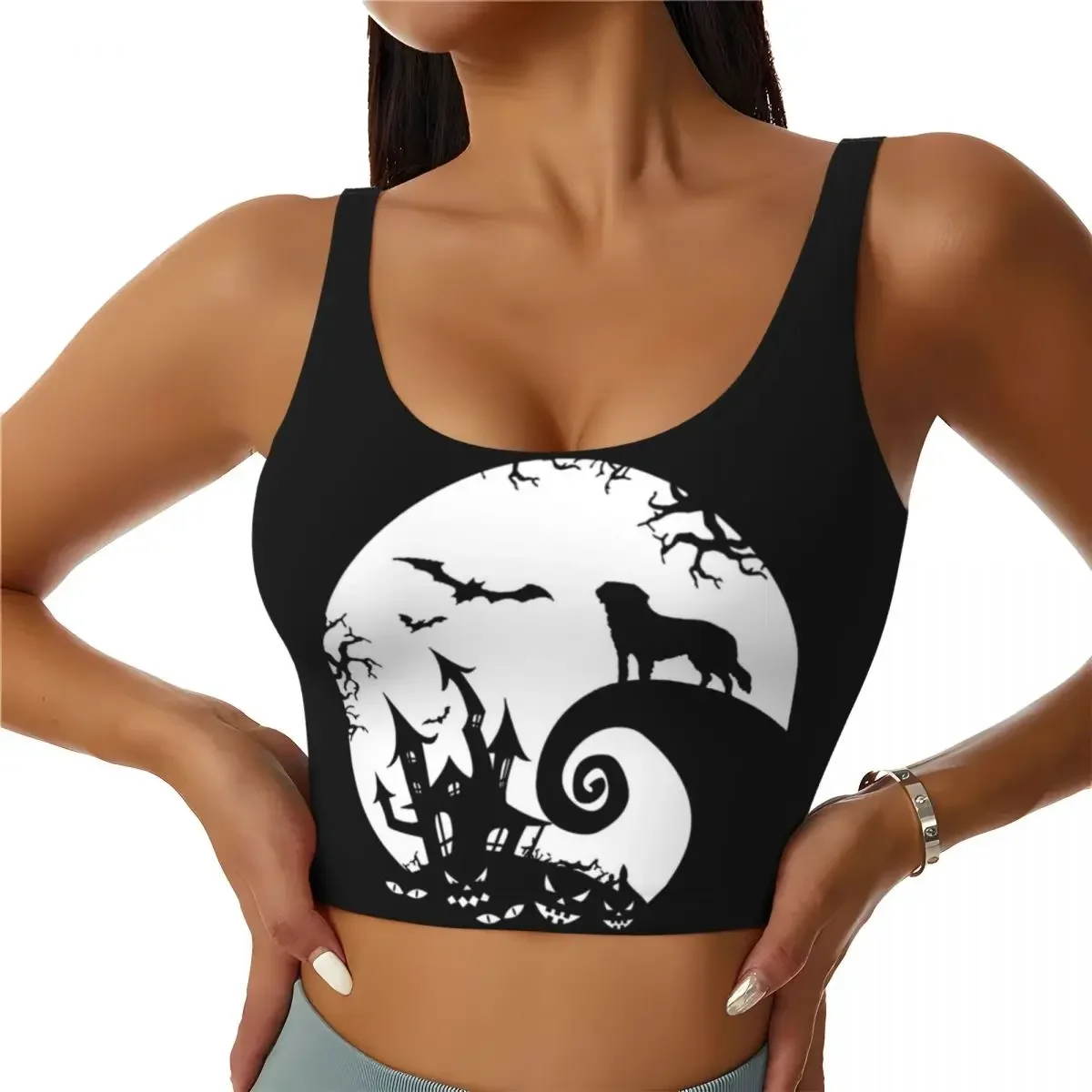 Top Deportivo Personalizado de Alta Resistencia para Mujer con Diseño de Perro San Bernardo y Luna para Halloween, Gimnasio, Entrenamiento, Yoga