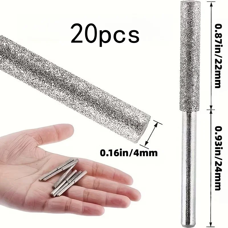 20pcs 4mm Silver Ti-Coated Corundum Drill, for Rotary Tool Chainsaw Sharpening