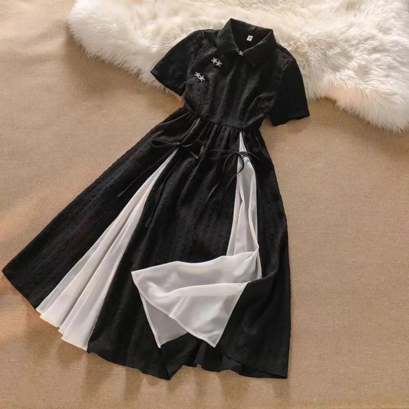 Improved Dress Women's Summer New Chinese-style Spice Girl Dress Chinese Style Long Dress 2024 New Wabi Sabi Little Black Dress