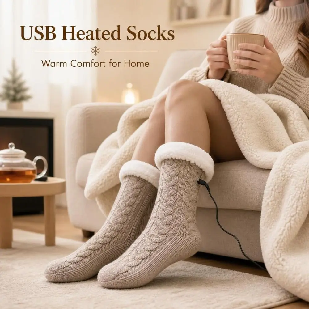 Comfortable 5V 2A Electric Heated Socks USB Powered Anti-Slip Sole Thermal Knitted Socks Knitted Fabric USB Heating Socks Winter