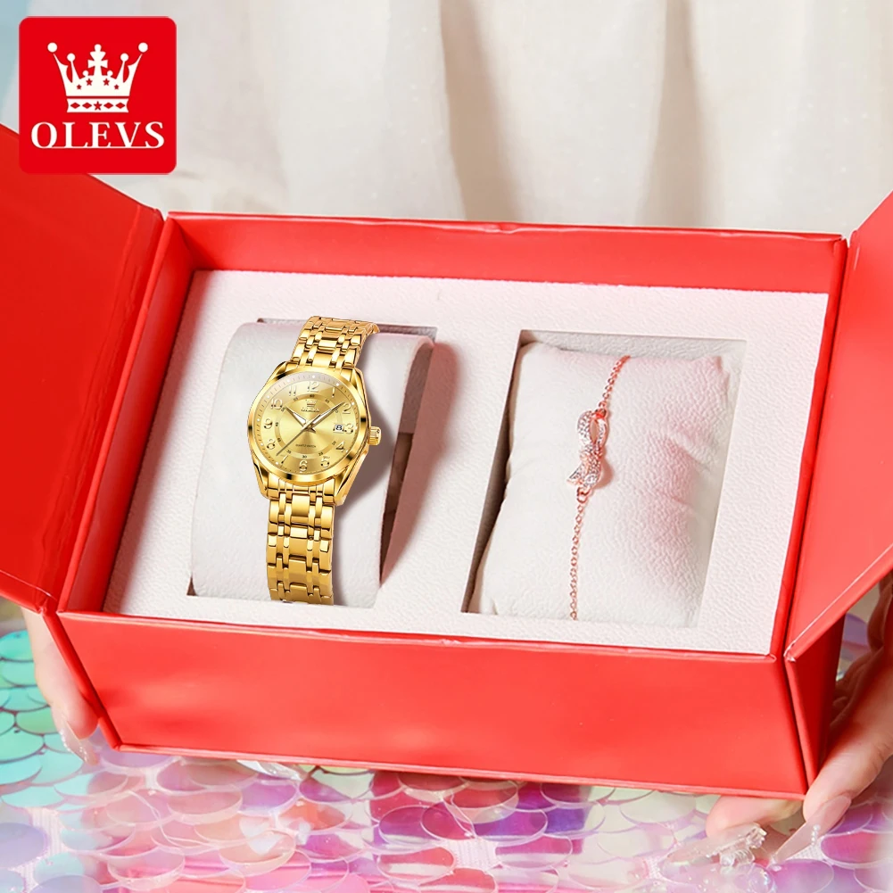 OLEVS 3666 Women Watches Luxury Fashionable Original Quartz Wristwatch Arabic Numerals Waterproof Date Ladies Set Bracelet Watch