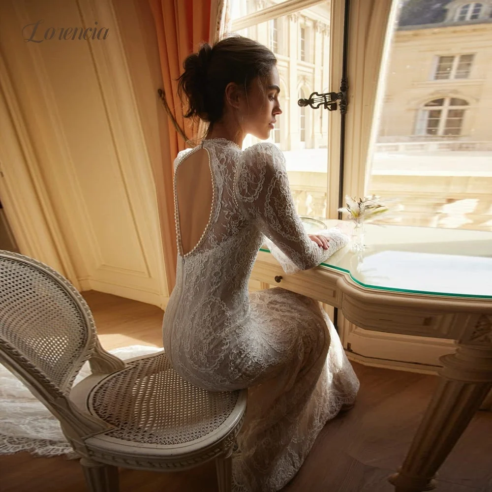 Lorencia Long Sleeves Lace Mermaid Wedding Dresses High Neck Open Back Fitted Bridal Gowns Customized Trumpet Bride Dresses