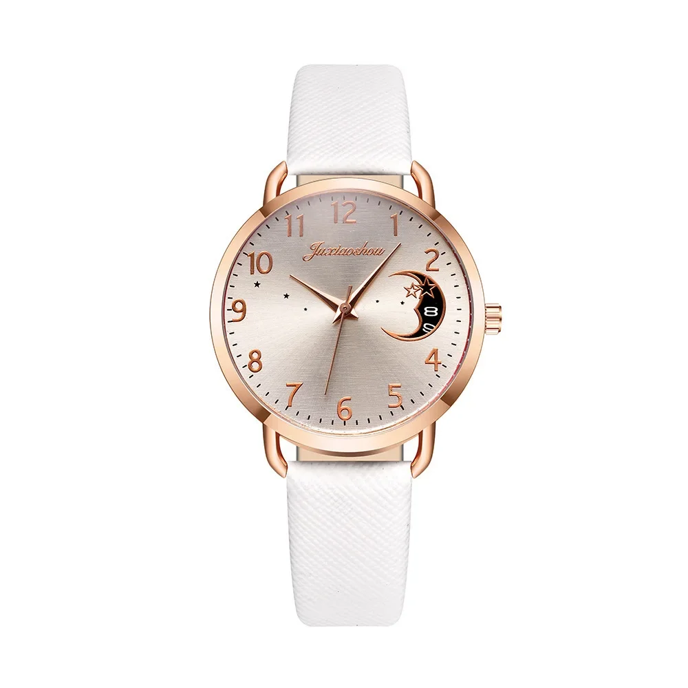 

Hot New 2024 Casual Women Watch Moon Numbers Dial Bracelet Set Ladies Leather Band Quartz Wristwatch Feminine Female Clock