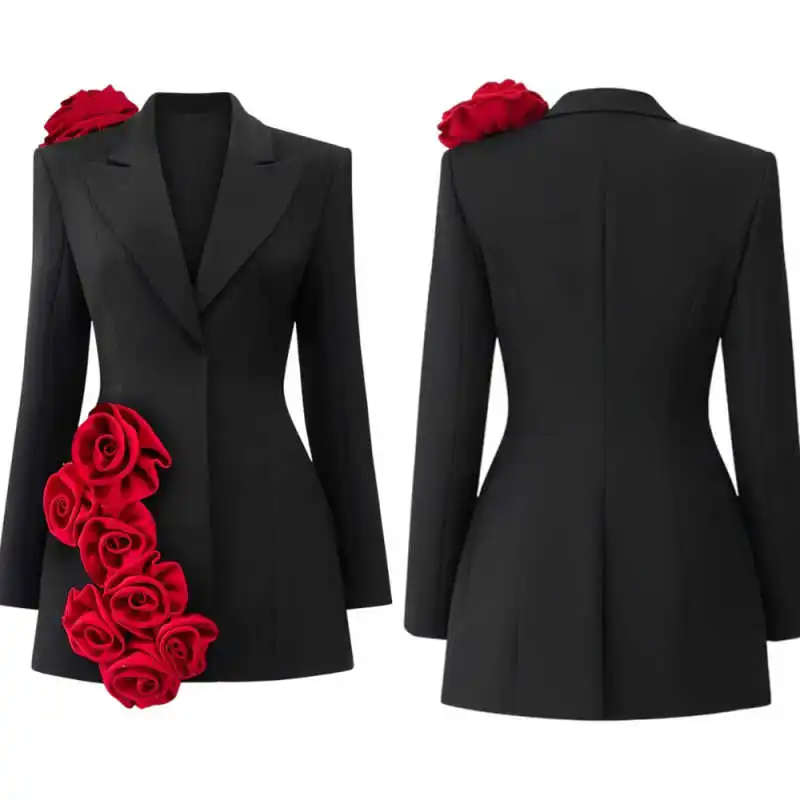 Women Fitted Blazer 3D Red Rose Applique Notched Lapel Long Sleeve Mid Length Formal Outerwear For Evening Banquet Customized