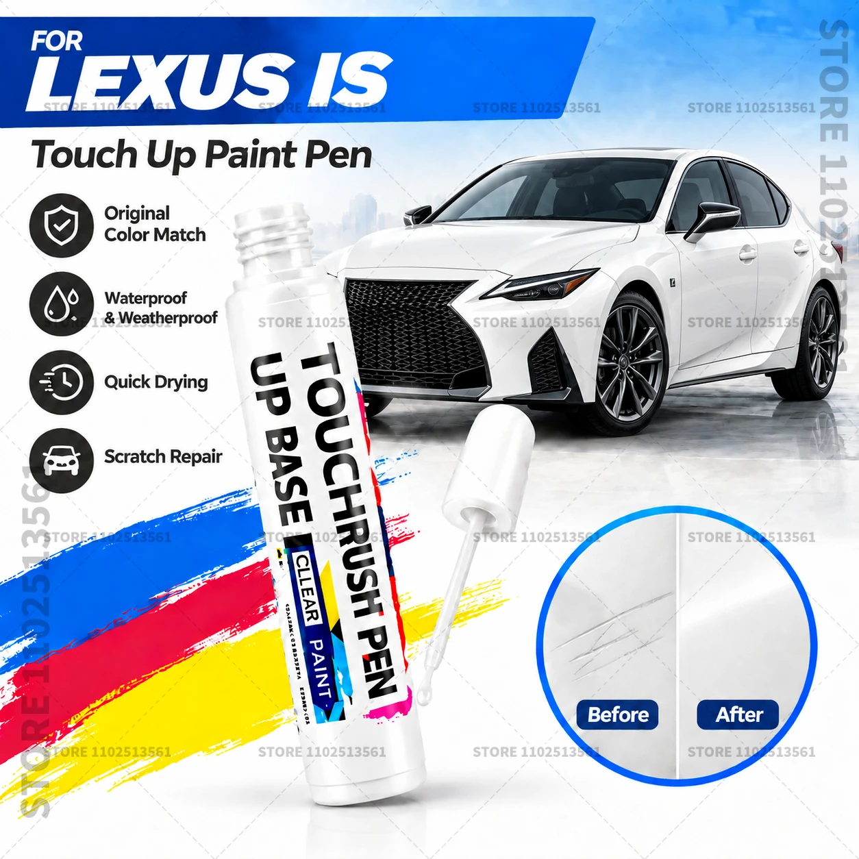 For Lexus IS White Automotive Touch Up Paint Pen Scratch Repair Marker for Car Body Bumper Door Paint Restoration Accessories