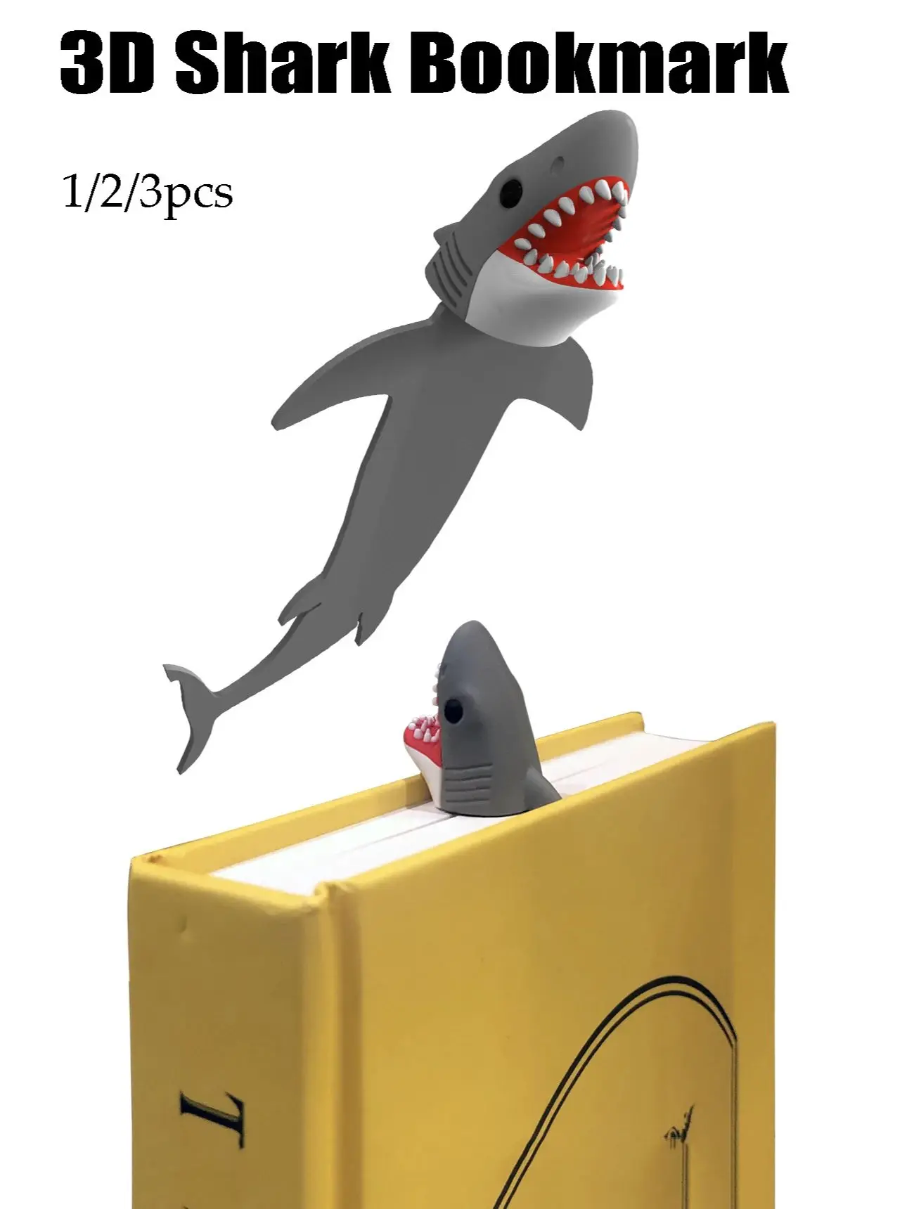 Marque-page créatif 3D grand requin blanc, en plastique Durable, noir avec dents rouges, marque-pages amusants, marque-pages, 1/2/3 pièces