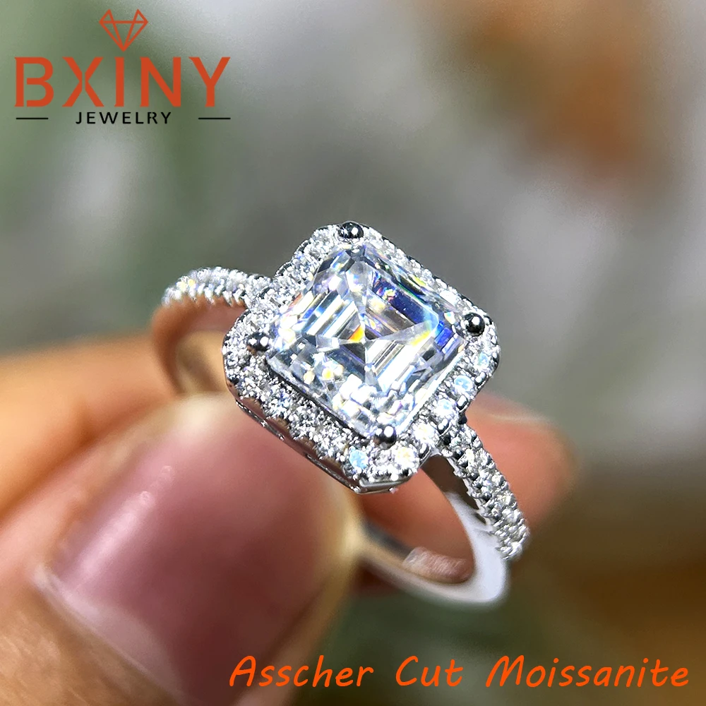

BXINY 2CT Asscher Cut Full Moissanite Halo Rings 925 Sterling Silver Square Diamond for Women Wedding Band Fine Jewelry With GRA